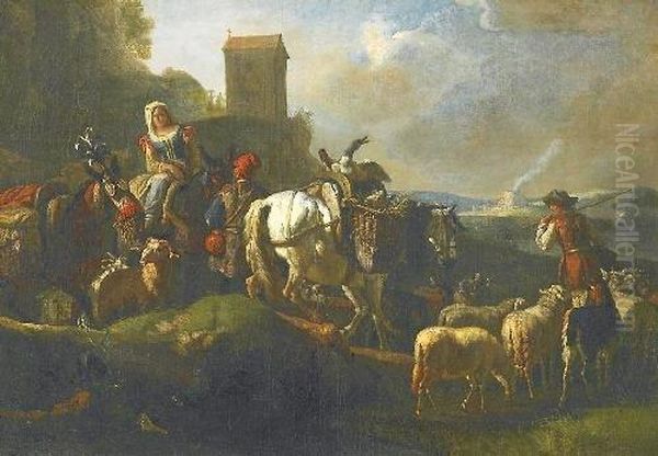 Italian Farmers On Their Way To The Market Through A Scopiouscampagnian Landscape Oil Painting by Pieter van Bloemen