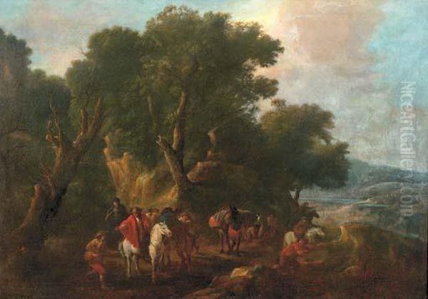 An Italianate Wooded Landscape With An Ambush In The Forground Oil Painting by Pieter van Bloemen