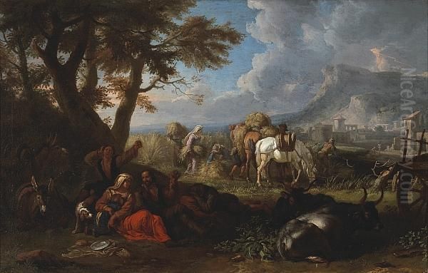 An Extensive Landscape With 
Harvesters Working In A Field And Others Resting Under A Tree Oil Painting by Pieter van Bloemen