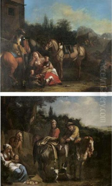 A Cavalier On Horseback Outside A Camp, A Woman Resting With Her Two Children Nearby Oil Painting by Pieter van Bloemen