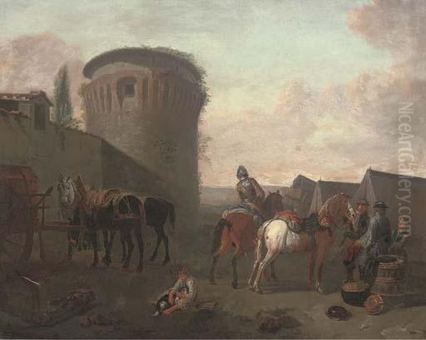 Horsemen At Halt Before A Tower Oil Painting by Pieter van Bloemen