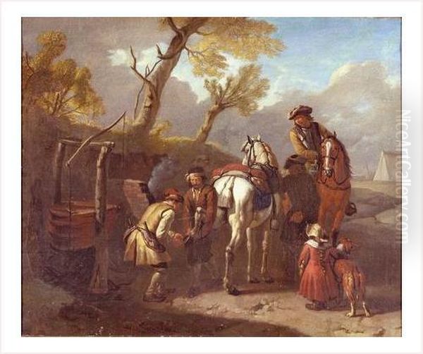 Une Halte De Cavaliers Chez Le Marechal Ferrant Oil Painting by Pieter van Bloemen