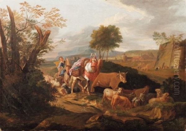 Paesaggio Laziale Con Armenti E Pastore Oil Painting by Pieter van Bloemen