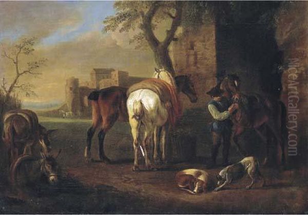 Sosta Di Cavalli Presso Un Casolare Oil Painting by Pieter van Bloemen