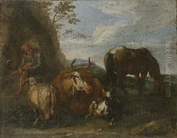 Pastore Con Armenti; E Sosta Di Cavalieri Presso Un Casolare Oil Painting by Pieter van Bloemen