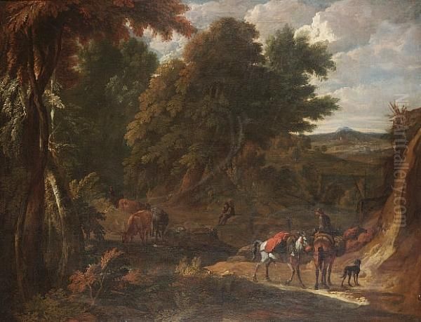 A Wooded Italianate Landscape 
With A Traveller On A Path And A Drover Watering His Cattle At A Stream;
 And An Italianate Landscape With Travellers On A Path, A View To Tivoli
 Beyond Oil Painting by Pieter van Bloemen