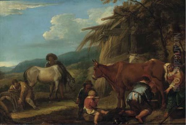 A Peasant Milking A Cow With A 
Groom And Horse And Other Peasantsby A Hut, A Landscape Beyond Oil Painting by Pieter van Bloemen