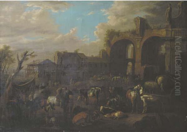 Travellers On Horseback By A Blacksmith Oil Painting by Pieter van Bloemen