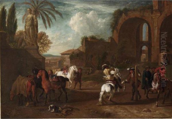 A Riding-school With Other 
Horsemen In An Italianate Village Scene With Ruins Of Classical 
Architecture Behind Oil Painting by Pieter van Bloemen