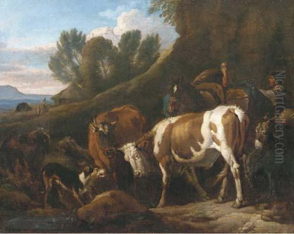 A Peasant With Cows, A Mule, Sheep, A Donkey And A Turkey In Anitalianate Landscape Oil Painting by Pieter van Bloemen