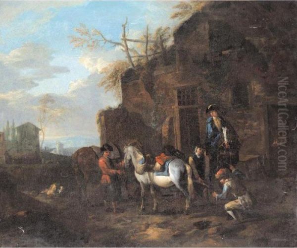 Horsemen At A Blacksmith's Forge, With A Horse Being Shod Oil Painting by Pieter van Bloemen