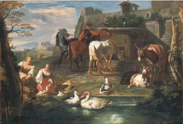 Washerwomen At A Pond With 
Ducks, Goats And A Donkey, A Riderwatering Horses At A Fountain And A 
Landscape Beyond Oil Painting by Pieter van Bloemen