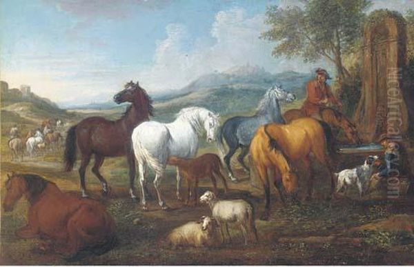 An Extensive Landscape With Horses At A Trough Oil Painting by Pieter van Bloemen