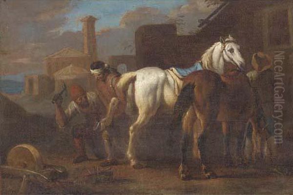 Farriers Working On A Horse In A Village Oil Painting by Pieter van Bloemen