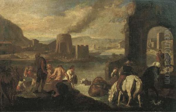 Paesaggio Fluviale Con Viandanti Oil Painting by Pieter van Bloemen