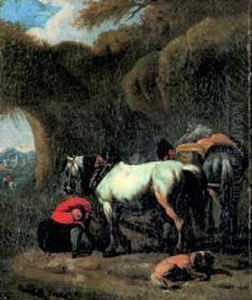 Cavalli Con Cane E Figura Oil Painting by Pieter van Bloemen