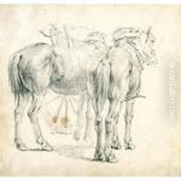 Study Of Two Horses Resting By Their Cart Oil Painting by Pieter van Bloemen