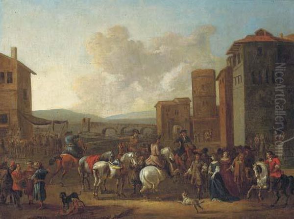 An Italianate Town With Horsemen, Elegant Figures And Merchants, Abridge Beyond Oil Painting by Pieter van Bloemen