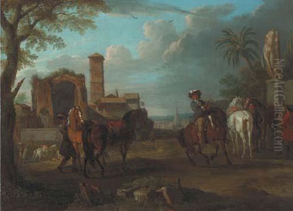 An Italianate Town With Roman Ruins And Horsemen In Theforeground Oil Painting by Pieter van Bloemen