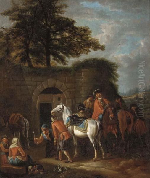 A Ferrier In A Landscape Oil Painting by Pieter van Bloemen