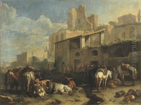 Viandanti In Sosta E Armenti Vari Davanti Ad Una Taverna Con Rovineromane Sullo Sfondo Oil Painting by Pieter van Bloemen