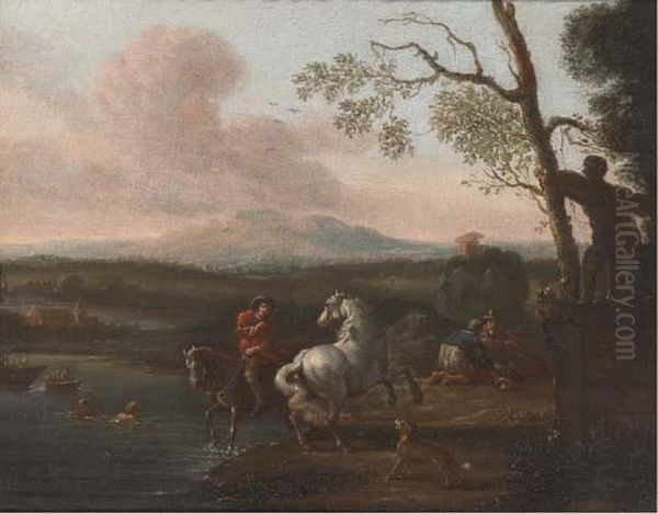 A Riverside Landscape With 
Bathers And A Horseman; And Figures Athalt Before A Military Encampment Oil Painting by Pieter van Bloemen