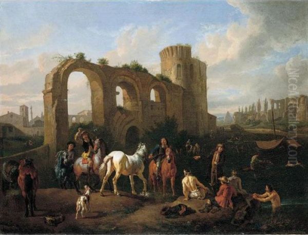 A Roman Landscape With Horsemen 
And Bathers At A Watering-hole, Architectural Ruins Beyond Oil Painting by Pieter van Bloemen