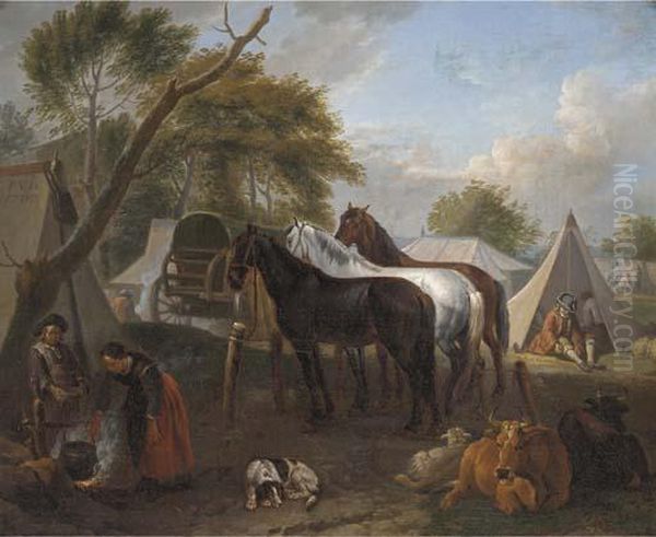 A Military Encampment With Figures Cooking In The Foreground Oil Painting by Pieter van Bloemen