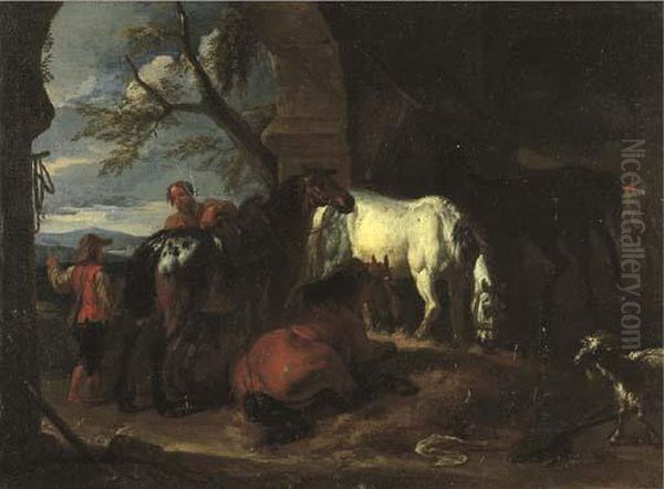 Cavalli E Armenti Nella Stalla Di Un Maniscalco Oil Painting by Pieter van Bloemen