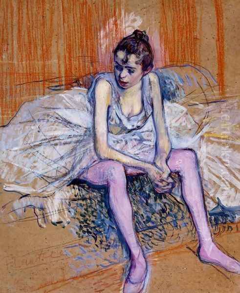 Seated Dancer In Pink Tights Oil Painting by Henri De Toulouse-Lautrec