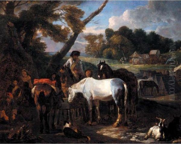 Landscape With Soldiers Making Camp Beside A Road Oil Painting by Pieter van Bloemen