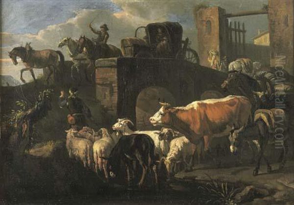 Pastore Con Armenti Presso Un Ponte All Entrata Di Una Citta Oil Painting by Pieter van Bloemen