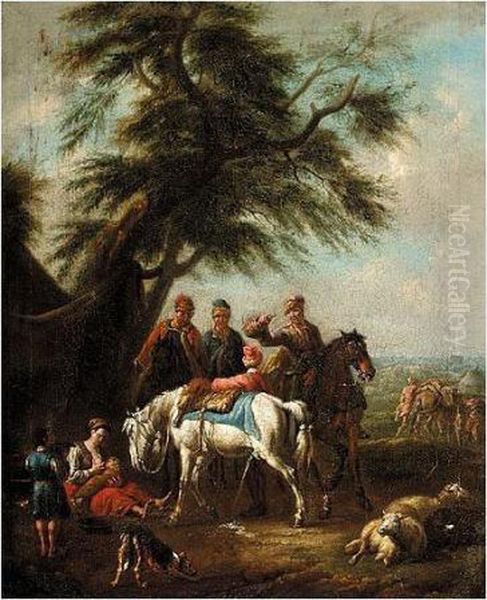 Landscape With Travellers And Horses Resting Under A Tree Oil Painting by Pieter van Bloemen