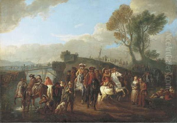 An Italianate River Landscape With Cavalry On The March Oil Painting by Pieter van Bloemen