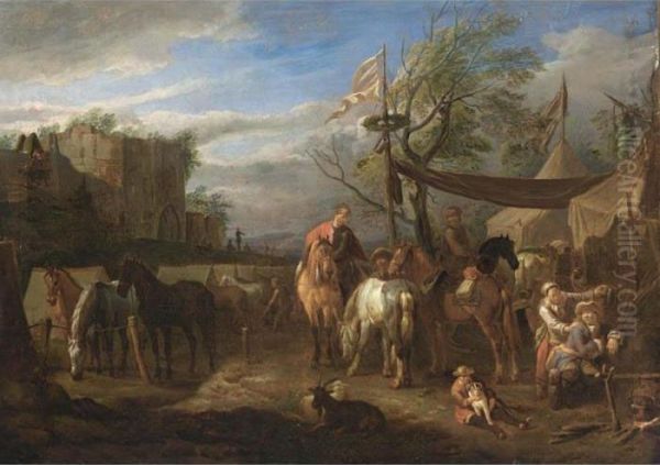 Riders Halted And Resting At A Military Encampment Oil Painting by Pieter van Bloemen