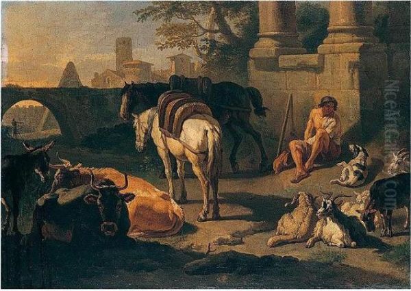 A Drover And Pack-animals Resting Among Roman Ruins Oil Painting by Pieter van Bloemen