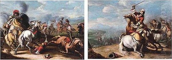 Cavalry Skirmishes Oil Painting by Pieter van Bloemen