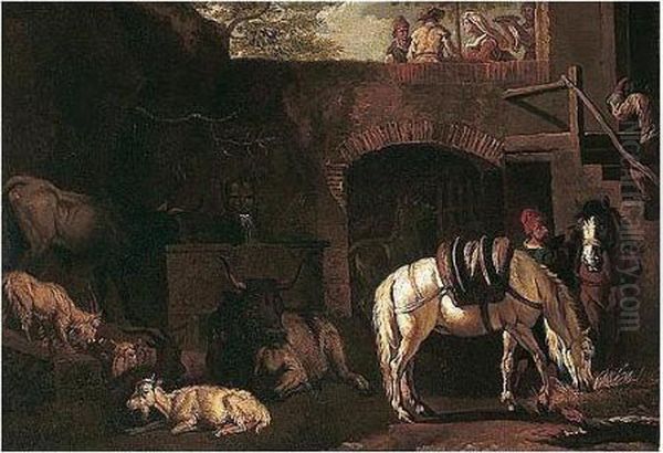 Cattle, Sheep And Horses Resting Beside A Drinking Trough Within A Town Wall Oil Painting by Pieter van Bloemen