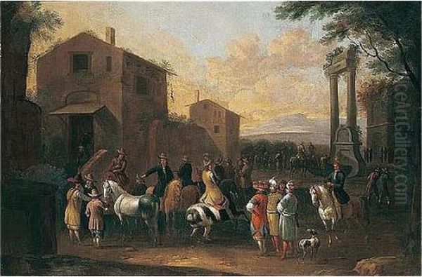 A Town Scene With Cavaliers And Orientals Before A Fountain Oil Painting by Pieter van Bloemen