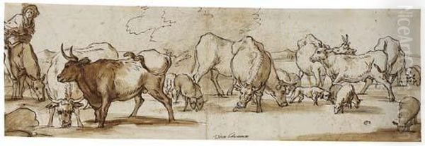 Cows And Sheep Grazing Oil Painting by Pieter van Bloemen