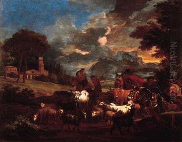 Shepherds, Cowherds And Muleteers With Cattle And Flock In Anitalianate Landscape Oil Painting by Pieter van Bloemen