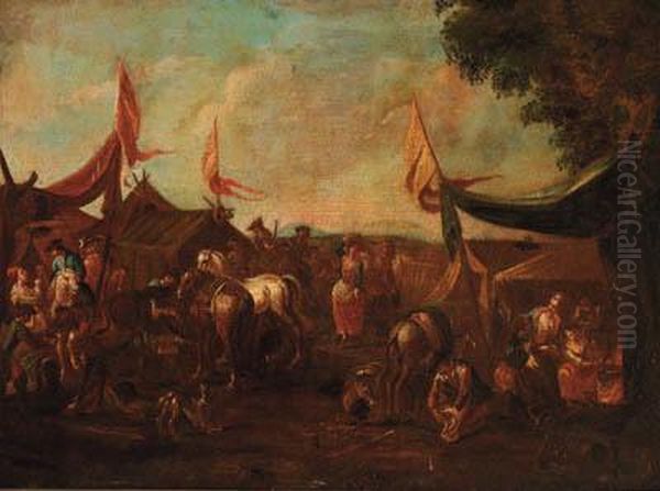 A Cavalry Encampment Oil Painting by Pieter van Bloemen