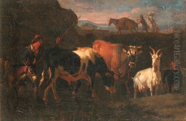 A Cowherd With Cattle, A Goat And A Donkey In An Italianatelandscape Oil Painting by Pieter van Bloemen