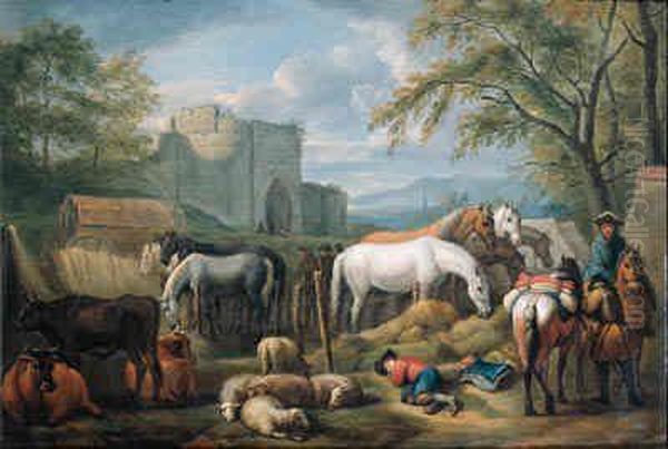 Cavalry Man Halting At A 
Refreshment Place For Horses Outside Atown Gate, A Shepherd Boy Asleep 
In The Foreground; And Cowherdsand Shepherds Fording Cattle, Sheep And 
Goat In A Mountainouslandscape Oil Painting by Pieter van Bloemen