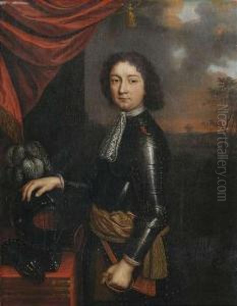 Portrait Of A Nobleman In A Suit Of Armour In Front Of A Landscape. Oil Painting by Cornelius Jonson