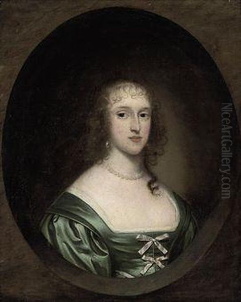 Portrait Of A Lady, 
Traditionally Identified As Lady Bowyer (d. 1665), Bust-length, In A 
Green Dress With Ribbons And A Pearl Necklace, In A Sculpted Cartouche Oil Painting by Cornelius Jonson