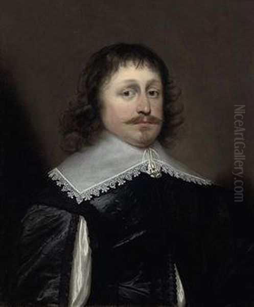 Portrait Of A Man, Traditionally
 Identified As John Hawtrey(1600-1658), Bust-length, In A Black Jacket 
With Lace Collar Oil Painting by Cornelius Jonson