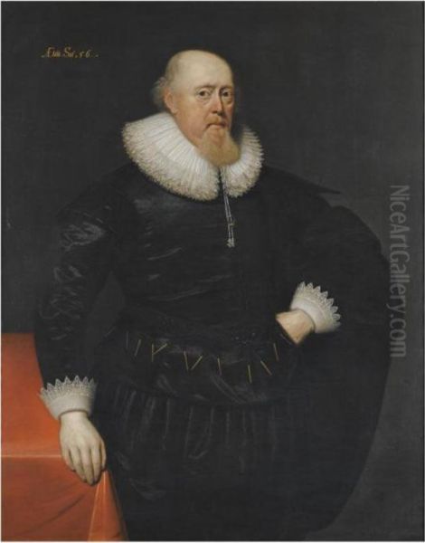 Portrait Of A Gentleman 
Three-quarter Length, Standing Beside A Table, Wearing A Black Suit With
 Lace Ruff And Cuffs Oil Painting by Cornelius Jonson