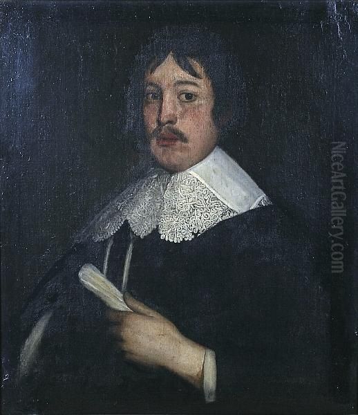 A Portrait Of A Gentleman Wearing White Lace Collar And Dark Jacket, Bust Length Oil Painting by Cornelius Jonson