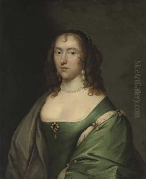 Portrait Of Lady Lucy Pelham 
(d.1685), Half-length, In A Blue Dress With Pearl Ornaments, And A Grey 
Wrap Oil Painting by Cornelius Jonson